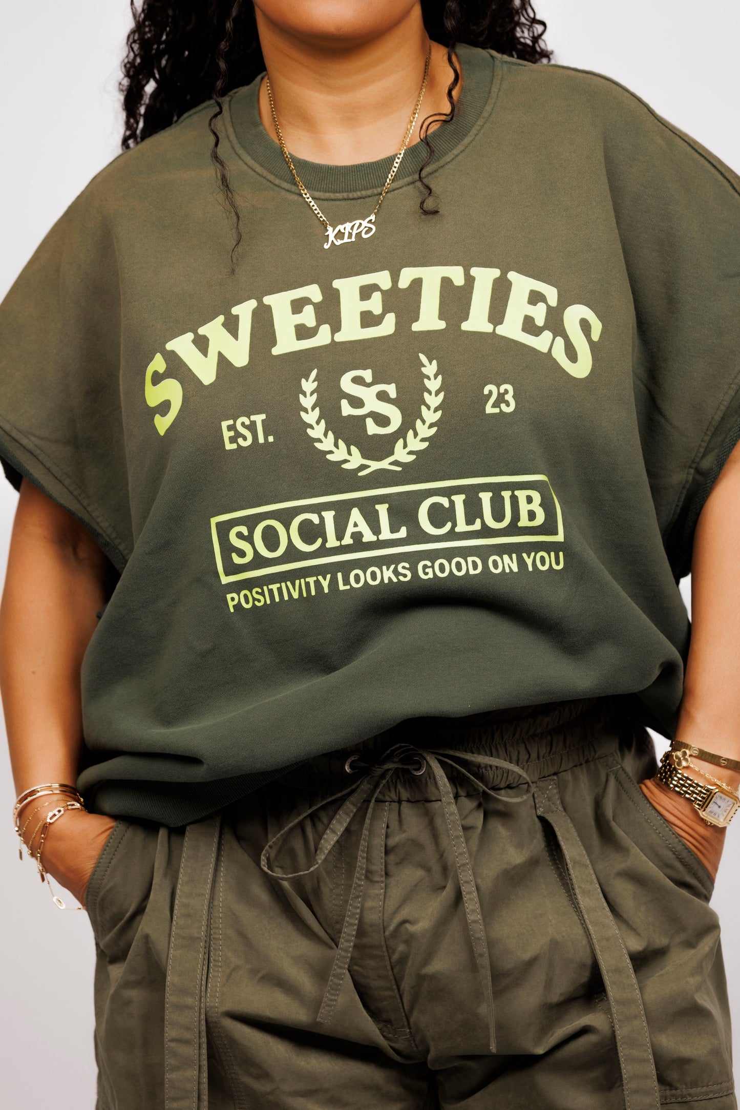 Sweeties Social Club Distressed Cutoff Crewneck - Green
