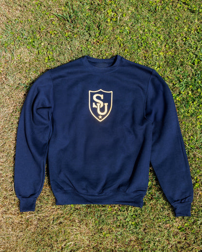 Sweeties University crewneck, navy with gold SU shield, front