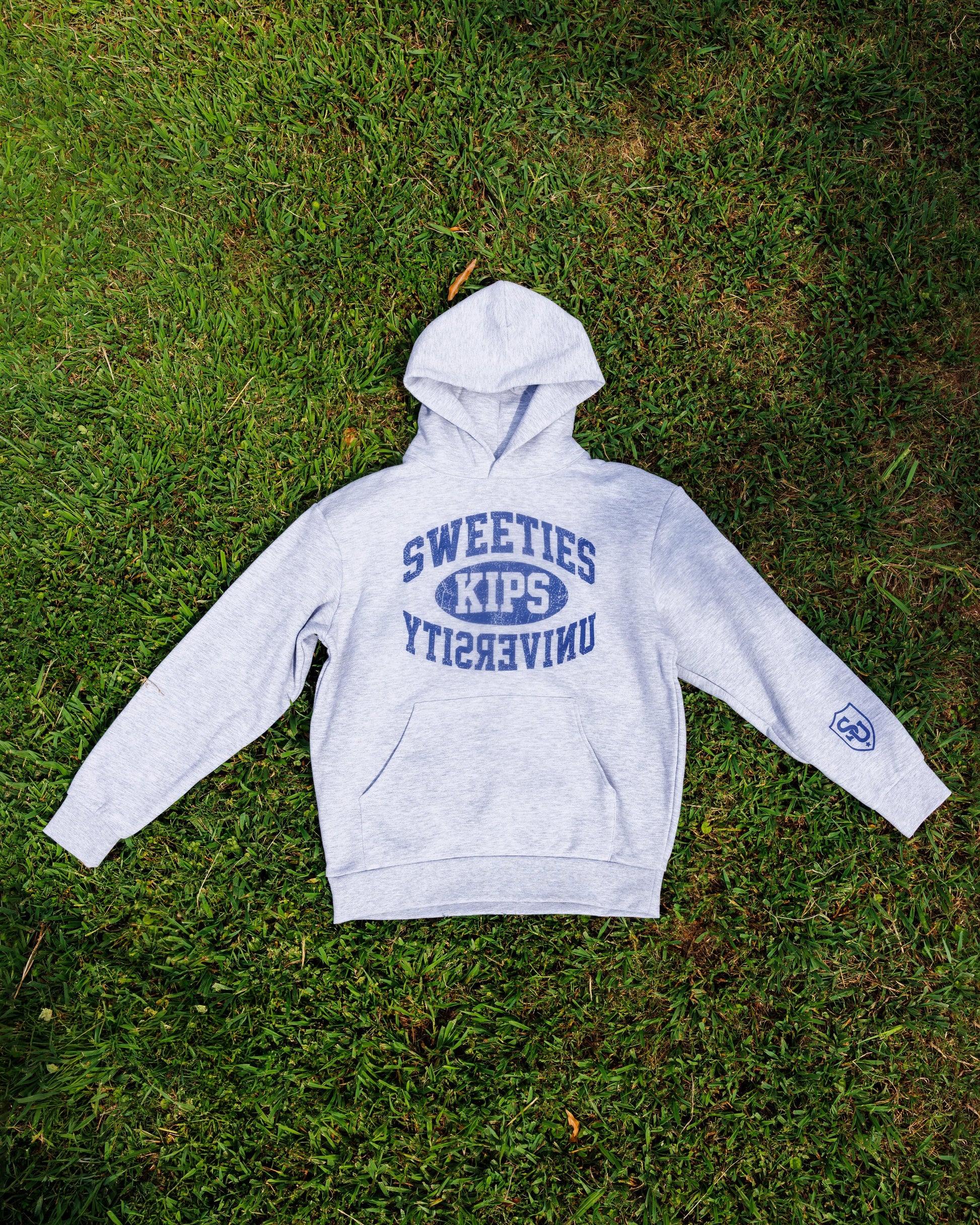Sweeties University hoodie, heather grey with navy print, front