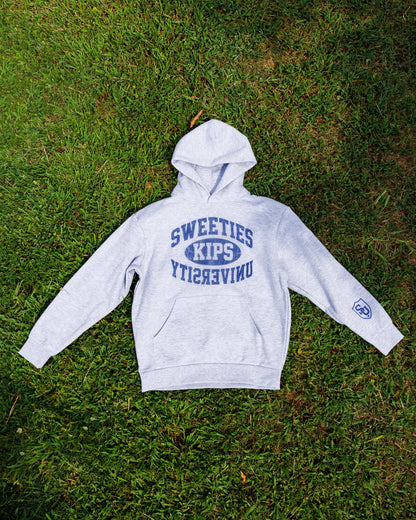 Sweeties University hoodie, heather grey with navy print, front