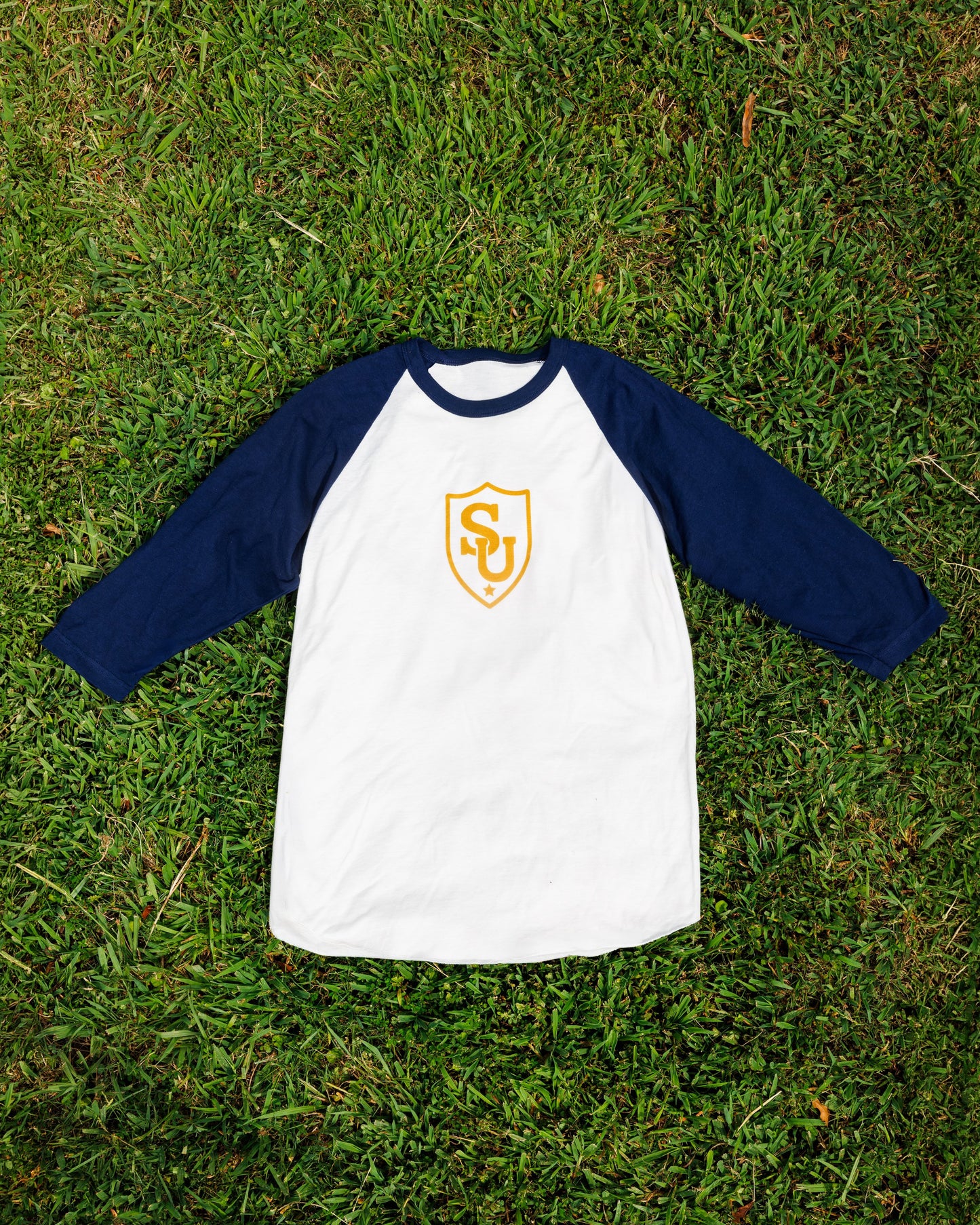 Sweeties University raglan tee, white with navy sleeves