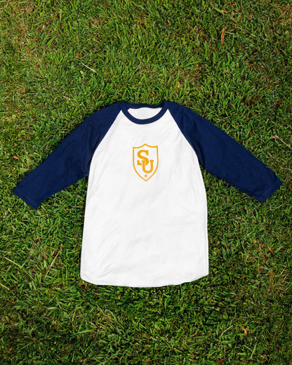 Sweeties University raglan tee, white with navy sleeves