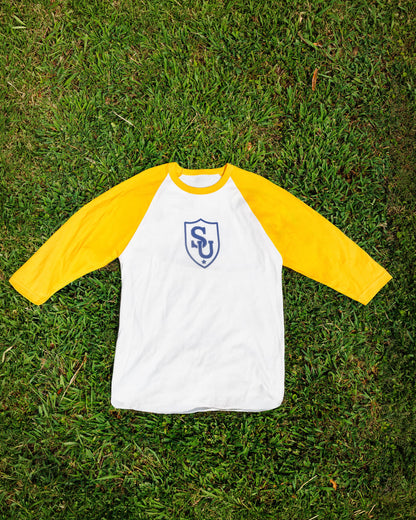 Sweeties University raglan tee, white with yellow sleeves