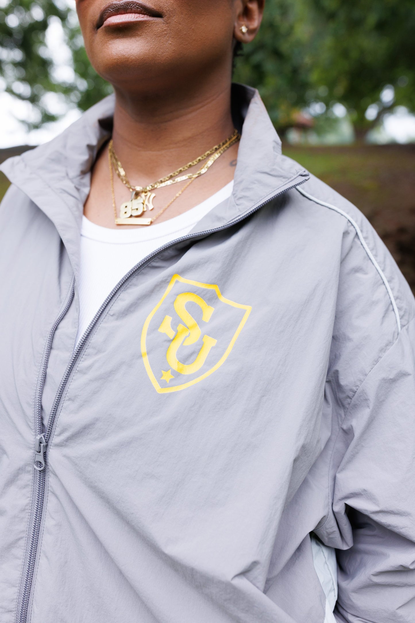Sweeties University track jacket, worn