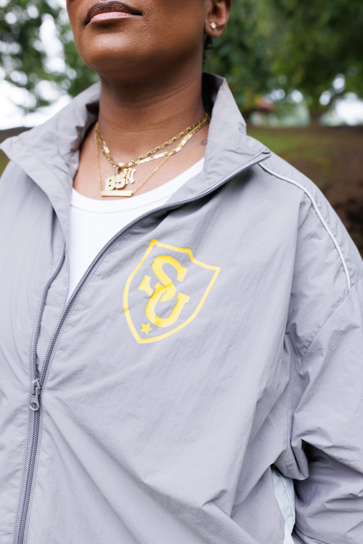 Sweeties University track jacket, worn